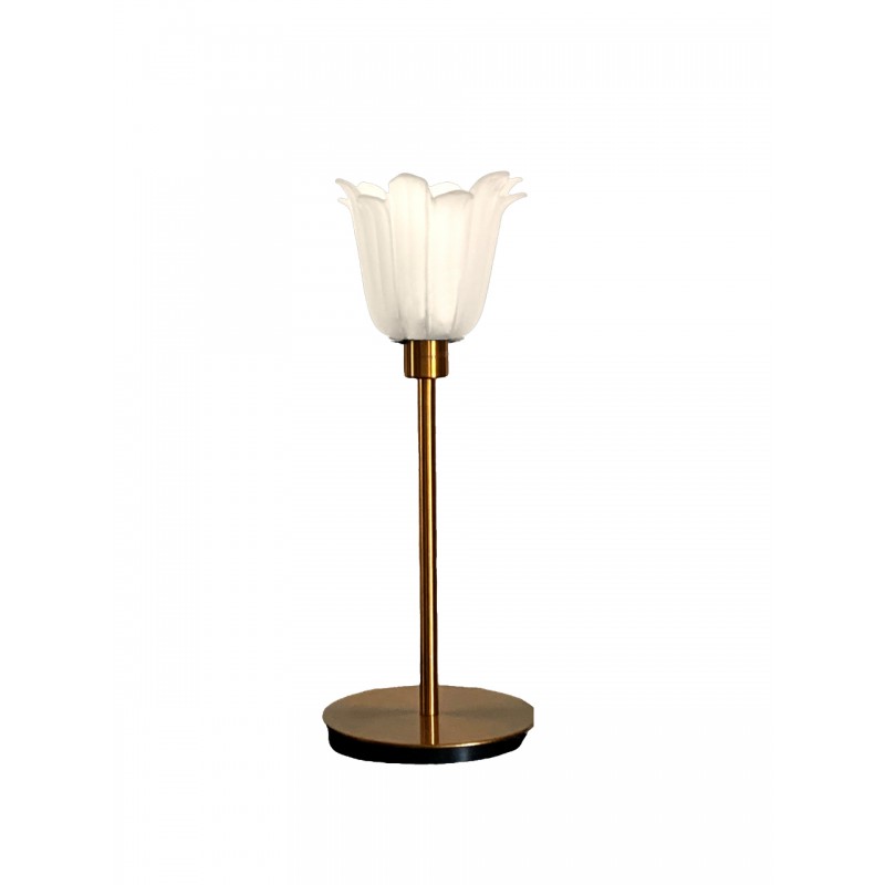 Lampe vintage avec un globe tulipe ancien en verre translucide monté sur un pied doré