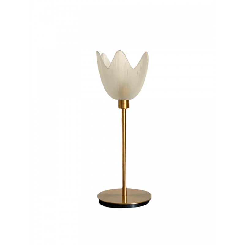 Lampe à poser avec un abat-jour tulipe vintage translucide et un pied doré