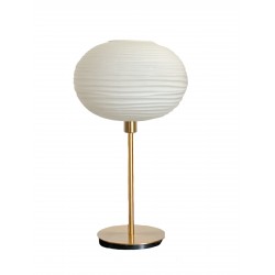 Lampe à poser avec un globe ancien en verre blanc strié et un pied doré